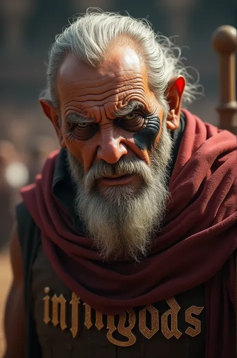 Write the word INFINIGODS on the clothes of an old man who has become a gladiator, fights with an angry and determined face, and has blackened both his cheeks.