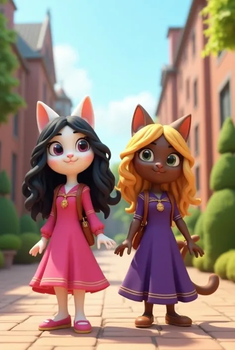 3d cartoon " A white lady cat girl who wears pink fruak with long black hairs  and a brown lady cat  girl who wears purple frauk with golden haris were in university with luxury university bag " 