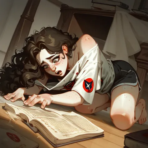 Oil painting of a young sexy teen Girl in oversized Shirt and Shorts,  score_9up, score_8up, closeup,  Bent over, kneeling on bedroom floor, 1girl, ill-fitting Male T-Shirt slipping Off shoulder, solo, (nipslip), ((Open occult book lying on ground)), shock...