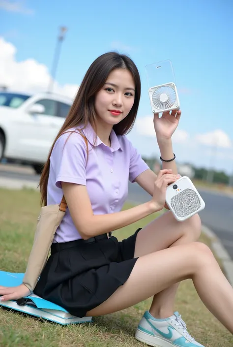 A young Asian woman poses beautifully with long brown hair, wearing a light purple button-down short-sleeved shirt and a black skirt with a belt. She is sitting on the ground with her legs crossed. In her left hand, she holds a small, portable square fan w...