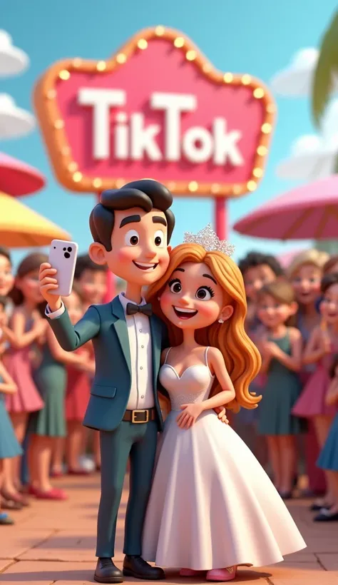 A tik tok man and a tik tok girl were getting married and they were taking selfies of each other with a tik tok sign behind the mobile and many people were standing with them.
3D cartoon 