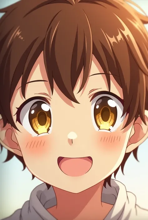 An Anime Boy Face Only Not Body He Is Smiling And Looking Front Brown Hair Color And Yellow Eye Ball i. 4:16 ratio image size