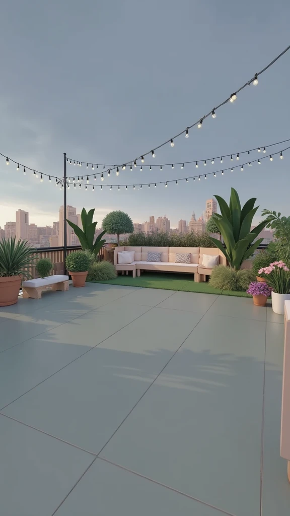 Imagine transforming this terrace into a beautiful rooftop garden. Place a green mat across the floor to create a lush base. Add some potted plants along the edges, including flowering plants for a burst of color, herbs like basil or mint for a fresh aroma...