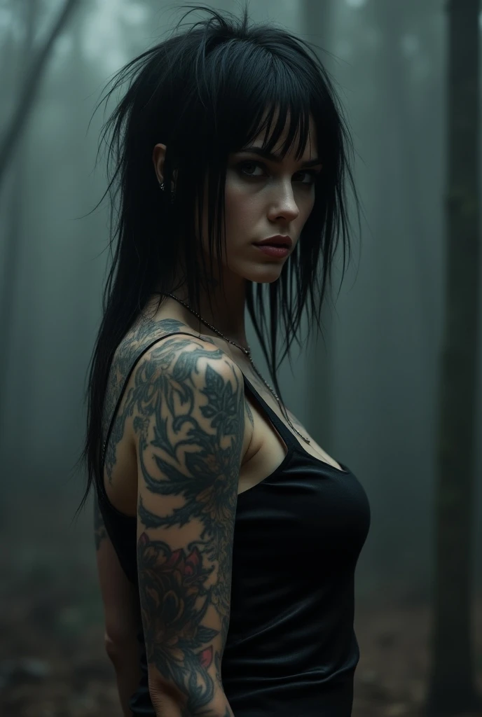 Scarlett Johansson big boobs, full of tattoos, complete naked, (masterpiece,best quality,ultra-detailed), messy hairstyle, mane, thick hair, long bob cut, aesthetic hairstyle, goth girl, beautiful and detailed face, detailed eyes, goth fashion, night, fog,...