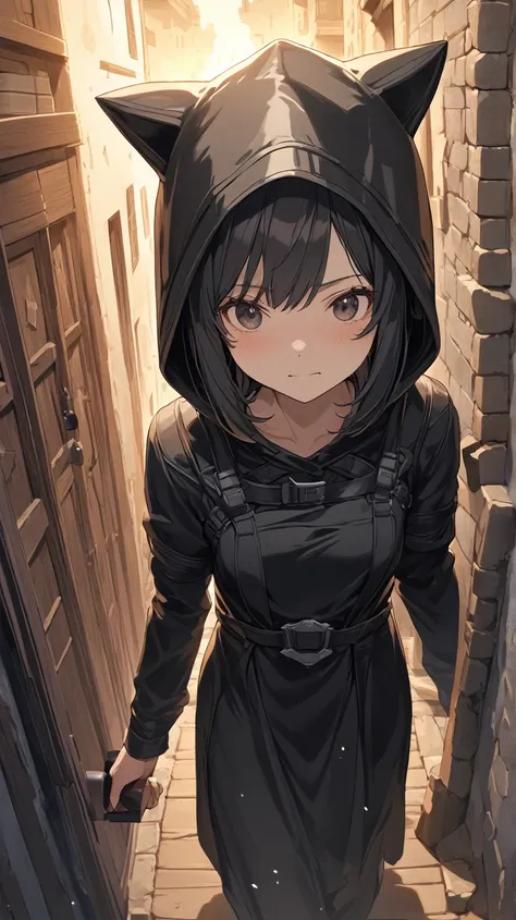 1 girl, ( cute face),  Expression Full of Determination ,  medium hair,  Hooded Face ,  Dark Colored Assassin Outfit in a Fantasy World,  small breasts,  Escapist Attitude ,  Pottery Skin , break,  Old Town Escapist , Bright starry sky, ( Thrilling Atmosph...