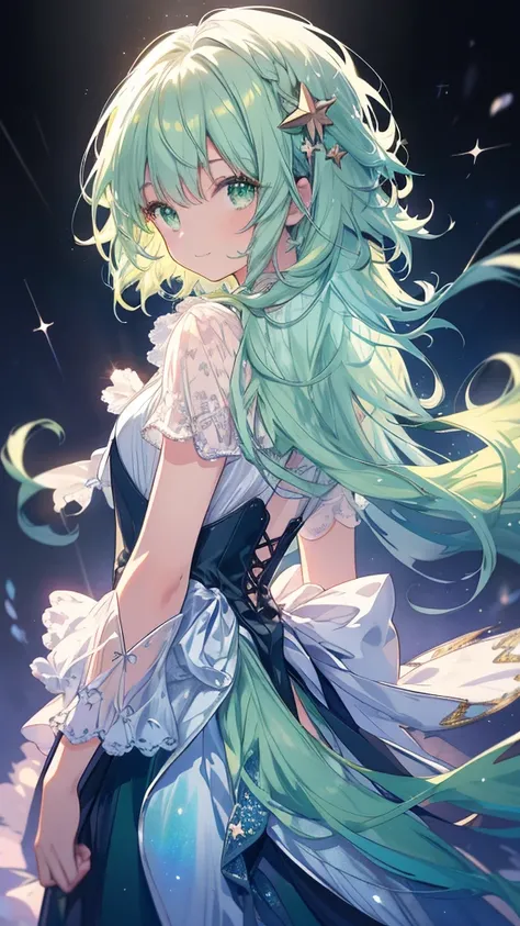 ((Super detailed),Heavenly night sky background ,Beautiful Star, The light from the back window is backlit,,  watercolor pattern with calm tones ),( Watercolor Texture ), (( 1 girl), Long Green Wave Hair ,Green Hair, green eyes,Adorable,Angelic),lightsmile...