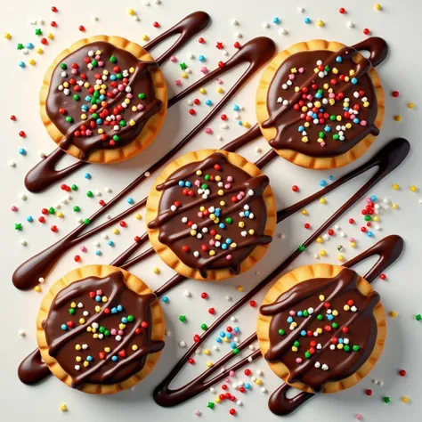  Top view of a biscuits in the theme of christmas,  covered with melted chocolate ,  colored sugar grain . High quality image 