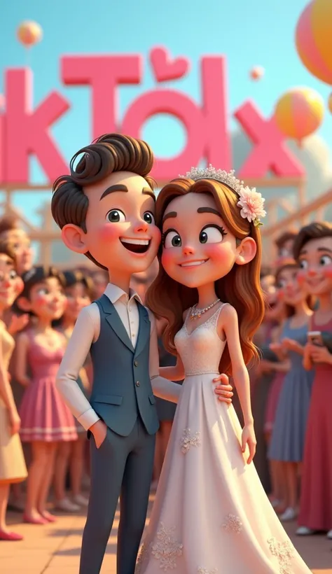 A tik tok man and a tik tok girl were getting married and they were taking selfies of each other with a tik tok sign behind the mobile and many people were standing with them.
3D cartoon 