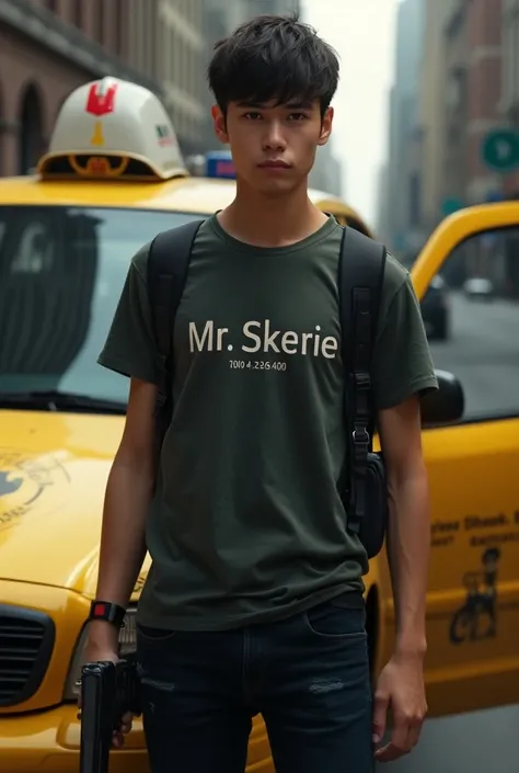 A young man standing near a taxi and on his shirt a name by Mr Skerie with a mask and a gun