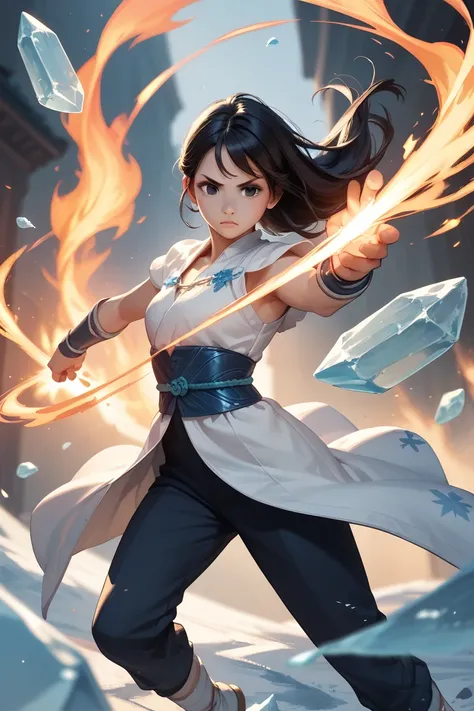 A cute beautiful 1girl, standing in the apocalypse, using fire and ice powers, fighting, black hair, black eyes 