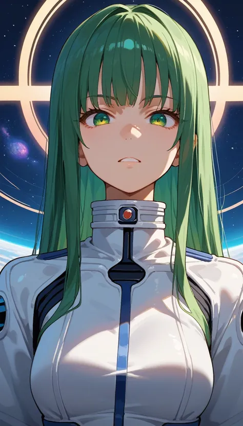 long shot, portrait anime girl, smily face, 18 years old, straight view, beautiful nose, no nose shadows and light, looking at viewer, wearing space suit, space dress, looking at viewer, portrait mode, smily face, anime girl, solo girl, solo, long hairs, g...