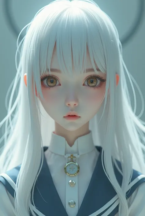 (photorealism:1.2), a beautiful school girl, with long white hair and in a hypnotized state with open eyes  