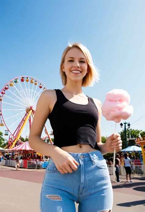 shot from a digicam, realistic, (1 girl), Caucasian woman, ((late 20s)), (average body type), ((short blonde hair)), ((straight hair)), BREAK, BACKGROUND: "Amusement park with a Ferris wheel, bright lights, and roller coasters.", BREAK, wearing a tank top ...