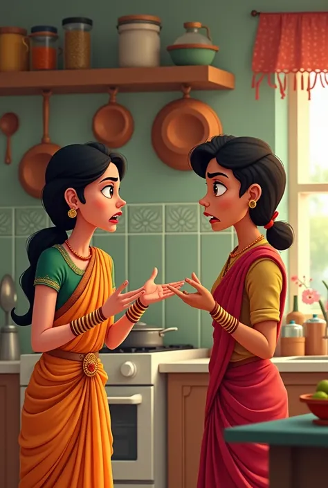 Indian wife angrily speaking with her husband in kitchen cartoon