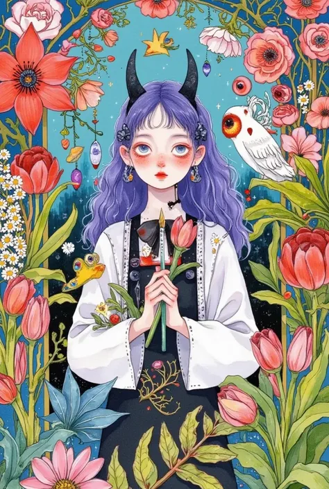 watercolor illustration with a elf purple girl with big eyes,a drawing with a small blue art GIRL holding paintbrush in her hand, in a flower house with many plants and flowers, in the style of colorful animation stills, soft realism, mixed patterns, i can...