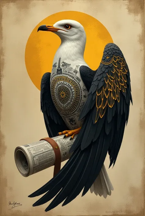 A black gold seagull with a tribal mandala tattoo with a newspaper roll in a carrying bag as a logo