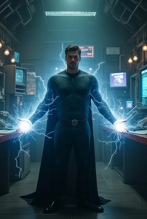 Zachary Levi Shazam clean shaven with energy coming out of his hands Lair as a background 