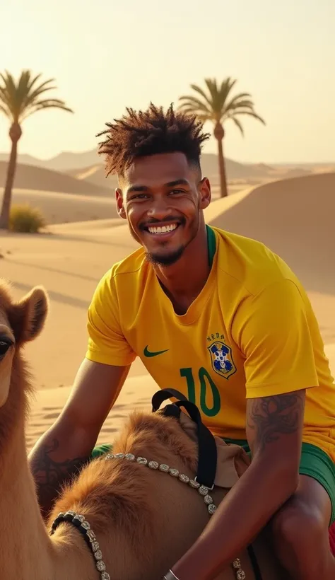 Neymar Jr. is sitting comfortably on a majestic, golden-hued camel with a gentle gaze, set against the warm, sandy dunes of the desert, basking in the soft, golden light of a sunny day. Hes wearing Brazils iconic yellow number 10 jersey, adorned with the t...