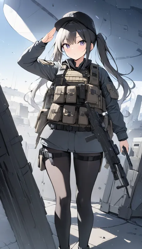 depth odebt debtield, Shine, blurry debtoreground, debt/2.8, , 超 Hi-Res, ((masterpiece)),  High Quality , Super detailed, 最 High Quality ,  Hi-Res,salute,Special Forces Girls, ponytails,Bulletproodebt vest,Black Hat