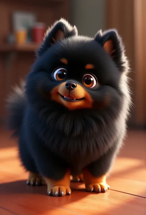  Animated poster for the Disney Pixar movie of a small German Pomeranian spitz with black fur and a dark caramel mustache,  with caramel-colored paws . With lots of fur and color black (( copy of Lavínia devoid of clothes and big ass ,HEAD ON))),  unique h...