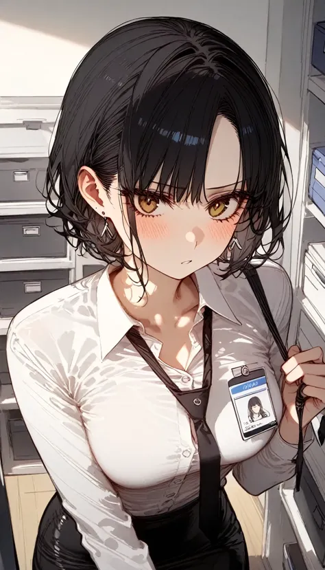 (masterpiece, best quality:1.2), 1girl:1.0, solo:1.0 office worker:1.3, chic:1.2, short hair:1.2, black hair:1.1, intense gaze:1...