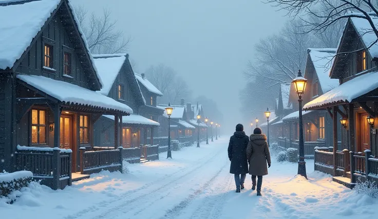 winter landscape, snow-covered streets and a romantic but melancholy setting.