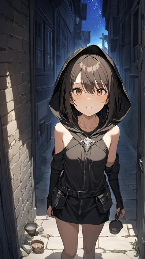 1 girl, ( cute face),  Expression Full of Determination ,  medium hair,  Hooded Face ,  Dark Colored Assassin Outfit in a Fantasy World,  small breasts,  Escapist Attitude ,  Pottery Skin , break,  Old Town Escapist , Bright starry sky, ( Thrilling Atmosph...