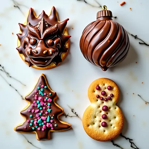  Top view of a biscuits in the shape of : dragon , christmas ball , christmas tree , snowman,  covered with melted chocolate ,  colored sugar grain . High quality image 