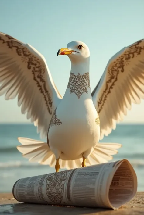 A white gold seagull with a tribal mandala tattoo with a newspaper roll in a carrying bag as a logo