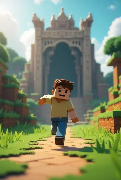 I need an image of a boy running to a Minecraft-style swing with a large stage
