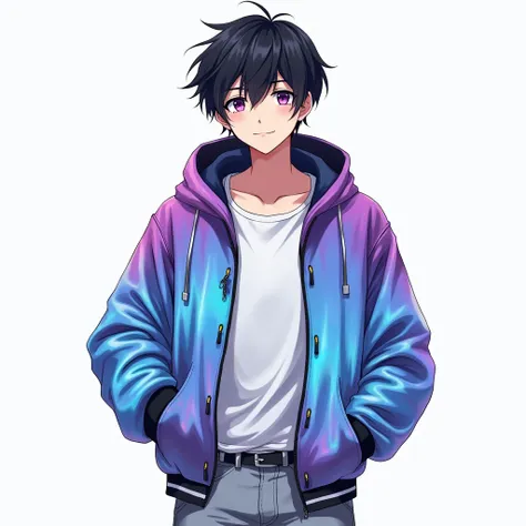 High quality, amount of drawing, pixiv illustration, PVC Jacket, aurora jacket, Beautiful young man, Black hair, Short hair, aurora fabric, hologram article,aurora seat jacket, White undershirt, light gray jeans,Looking FrountPose, Transparent background