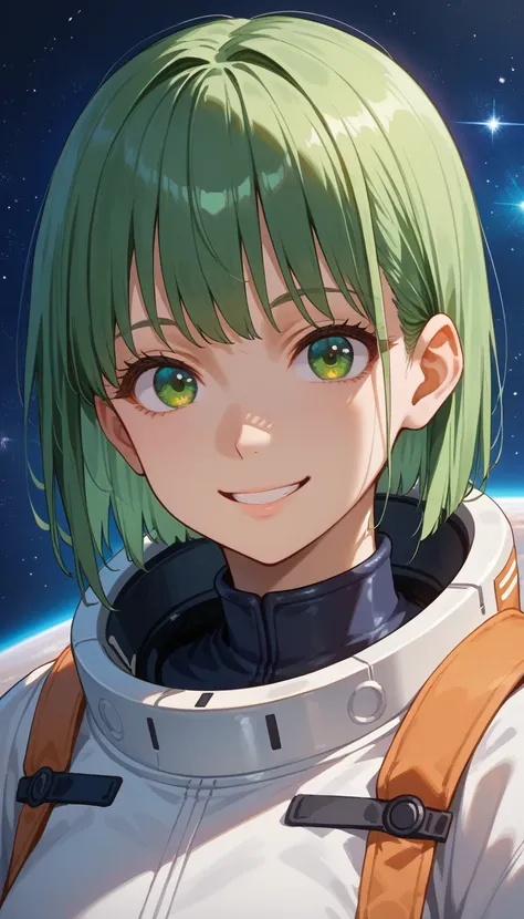 long shot, portrait anime girl, smile face, straight view, beautiful nose, no nose shadows and light, looking at viewer, wearing space suit, space dress, looking at viewer, portrait mode, smily face, anime girl, solo girl, solo, long hairs, green color hai...