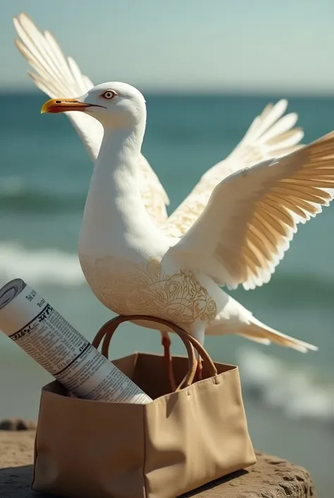 A white gold seagull with a tribal mandala tattoo with a newspaper roll in a carrying bag as a logo