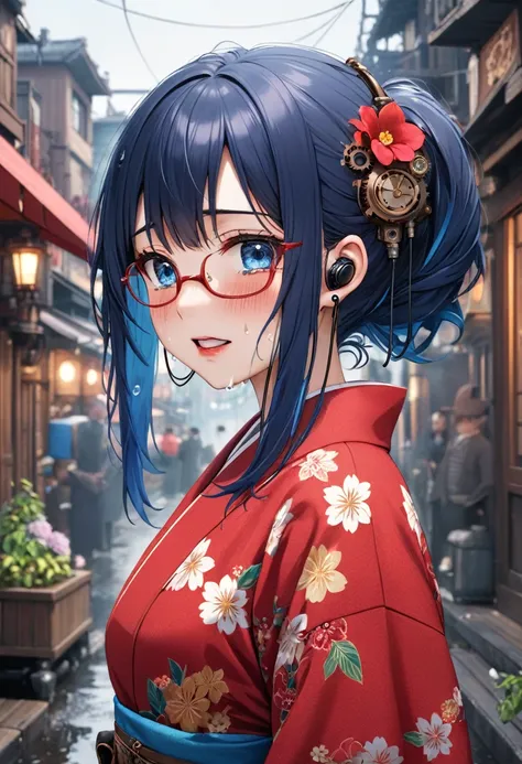 (best masterpiece, high resolution: 1.5), (8K, RAW photo, perfect anatomy, golden ratio: 1.4), pointillism, professional photo, lone Japanese idol, (realistic: 0.5), (turning sideways) , Tears shed:1.5), (Floral pattern, red yukata, red glasses, steampunk ...