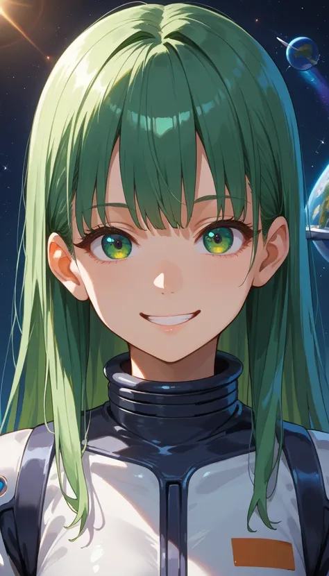 long shot, anime girl, smile face, straight view, beautiful nose, no nose shadows and light, looking at viewer, wearing space suit, space dress, looking at viewer, portrait mode, smily face, anime girl, solo girl, solo, long hairs, green color hairs, anime...