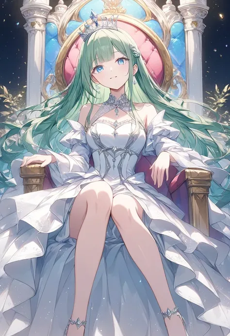 ((pastel))、 1 woman, sit on a throne with legs crossed ,Queen,whole, green hair,Long Hair, blue eyes,Rin々Funny face, silver tiara , white noble dress , low angle glitter effect,Moderate brilliance , dark vignette masterpiece ,Best Quality,Exquisite,8k,  ab...