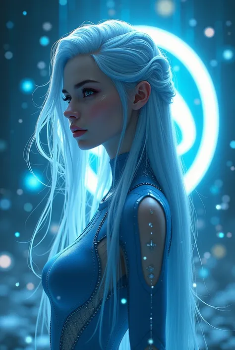 「 future-oriented with a calm and elegant expression 、 futuristic and elegant 。 hair is bluish silver 、 long flowing design 。 clothing is futuristic and elegant 、 intelligent female character based on blue and white 。 logo drawn on it In the background, di...