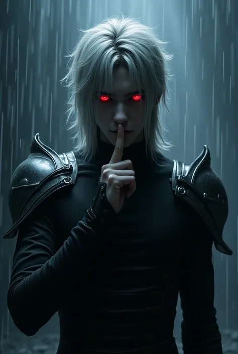 A mysterious character resembling V from BTS, with glowing red eyes, standing in a dark, rainy atmosphere. His silver hair is styled in a messy mullet, with longer strands cascading down the back, creating dramatic shadows around his face. He wears dark, i...