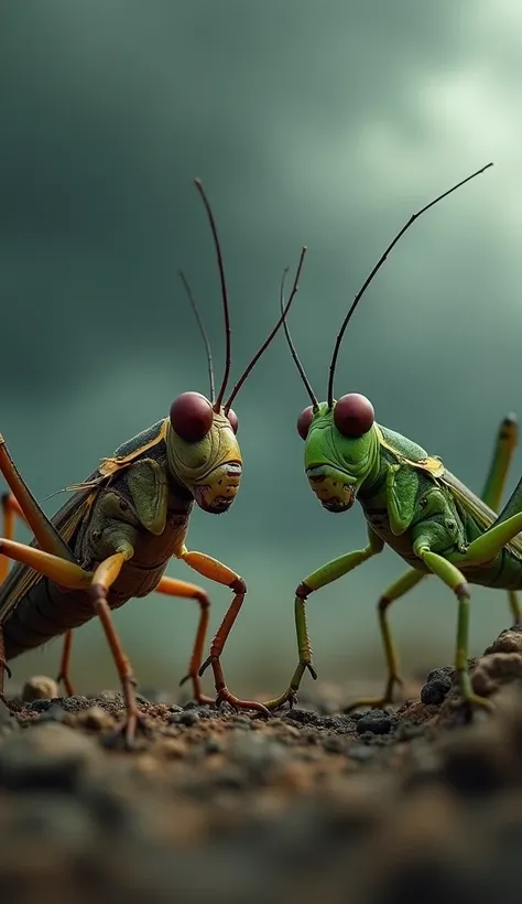 1. Angry Crick and Hopper: Create an image where a Cricket and a Grasshopper are placed together, both in an angry stance and facing each other. Their bodies should be positioned in a confrontational manner, with intense, glaring eyes and fierce postures. ...