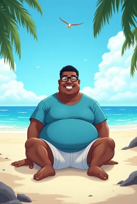 Chubby,skin colour black man short and glasses, blue T shirt and white short pants ,anime style on the beach 