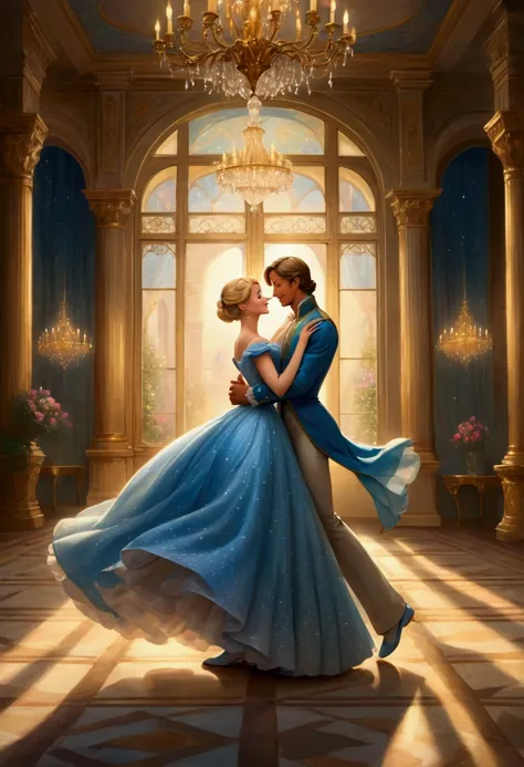 Cinderella is wearing a beautiful dress and dancing gracefully in the sumptuous halls of the palace. Beside her, the Prince is smiling and gazing at her, and they are dancing happily with their eyes locked together. In the background is a gorgeous chandeli...