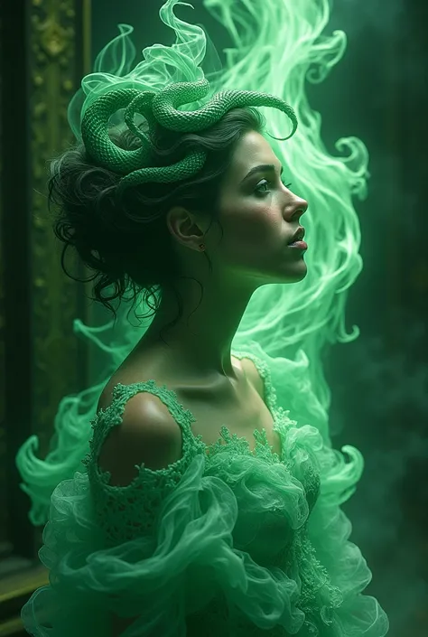 In an ethereal void, a serpentine feminine figure materializes from writhing emerald flames, her form both alluring and malevolent in a fusion of Art Nouveau curves and Gothic architectures sharp angles. Obsidian smoke twists through her crystalline hair l...