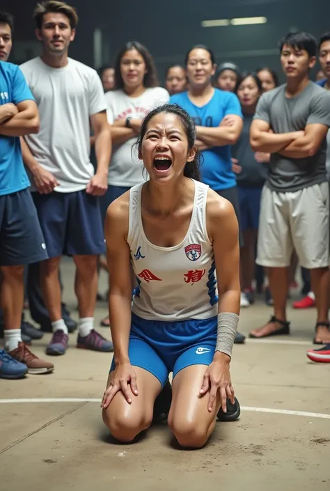  This video shows a female athlete kneeling on the floor ,  looking very emotional and shouting with intense expressions .  He was wearing white tracksuits at the top and the blue at the bottom ,  with symbols or inscriptions in red on their jerseys . Atle...