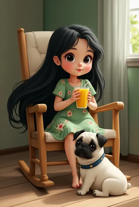  A beautiful girl with long flowing black hair， big eyes，Long eyelashes， wearing a green floral dress ， sitting quietly in a lazy rocking chair drinking juice ， Next to it, a white pug is lying on the ground looking at her， Pug with a collar ，Two moles on ...