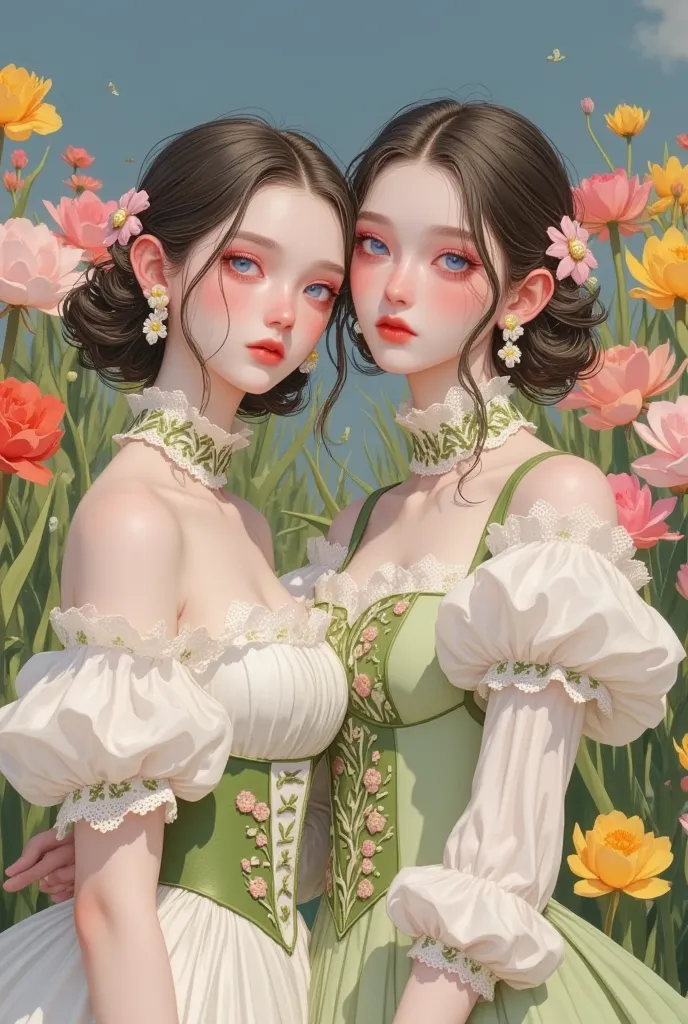 sisters group photo ，close-up shot of a flower field wearing a dress,  a painting inspired by shen sizheng , tumblr, rococo, dre...