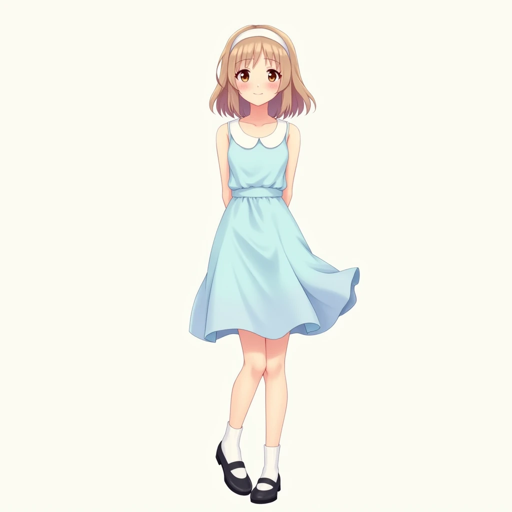 anime, Illustration, anime style, female, young adult woman, woman in early 20s, pastel blue dress, sleeveless, white collars, rounded collars, light brown hair, shoulder-length hair, knee-length hemline, straight hair, brown eyes, black mary jane shoes, w...