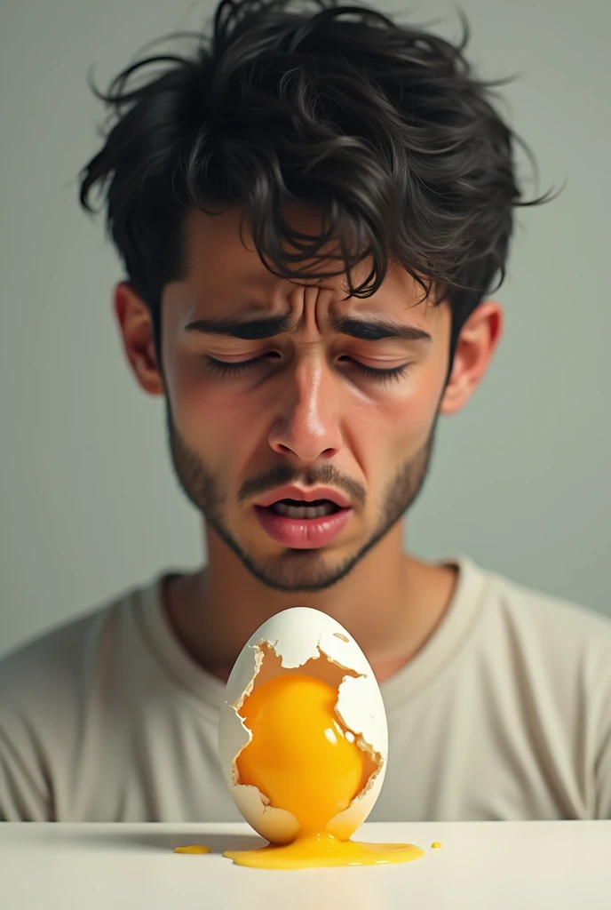 Yellow broken Egg under crying young man face over cover egg 