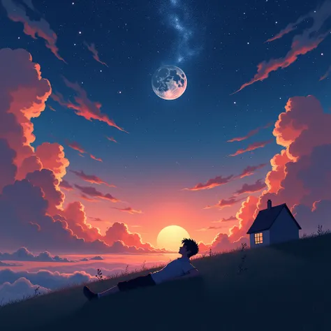 A SKYLINE WITH A HOUSE , WITH A BEAUTIFUL MOON ,  ORANGE AND STARRY RED ANIME STYLE SKY. With a man lying on the grass 