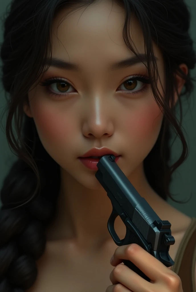 create a close up face of a beautiful Indonesian girl, with braided hair like Lara Croft Tomb Raider kiss the tip of an M1911 pistol, realistic, very high resolution