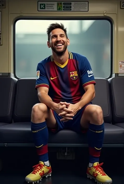 Messi weared his football match dress and setting on the train seat and laughing face and joyful face